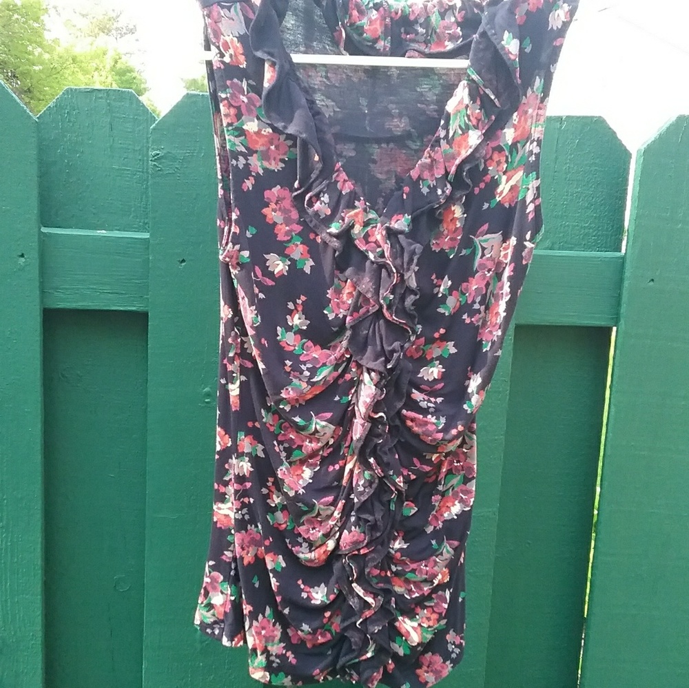 Express Navy Floral Ruched Ruffle Sleeveless